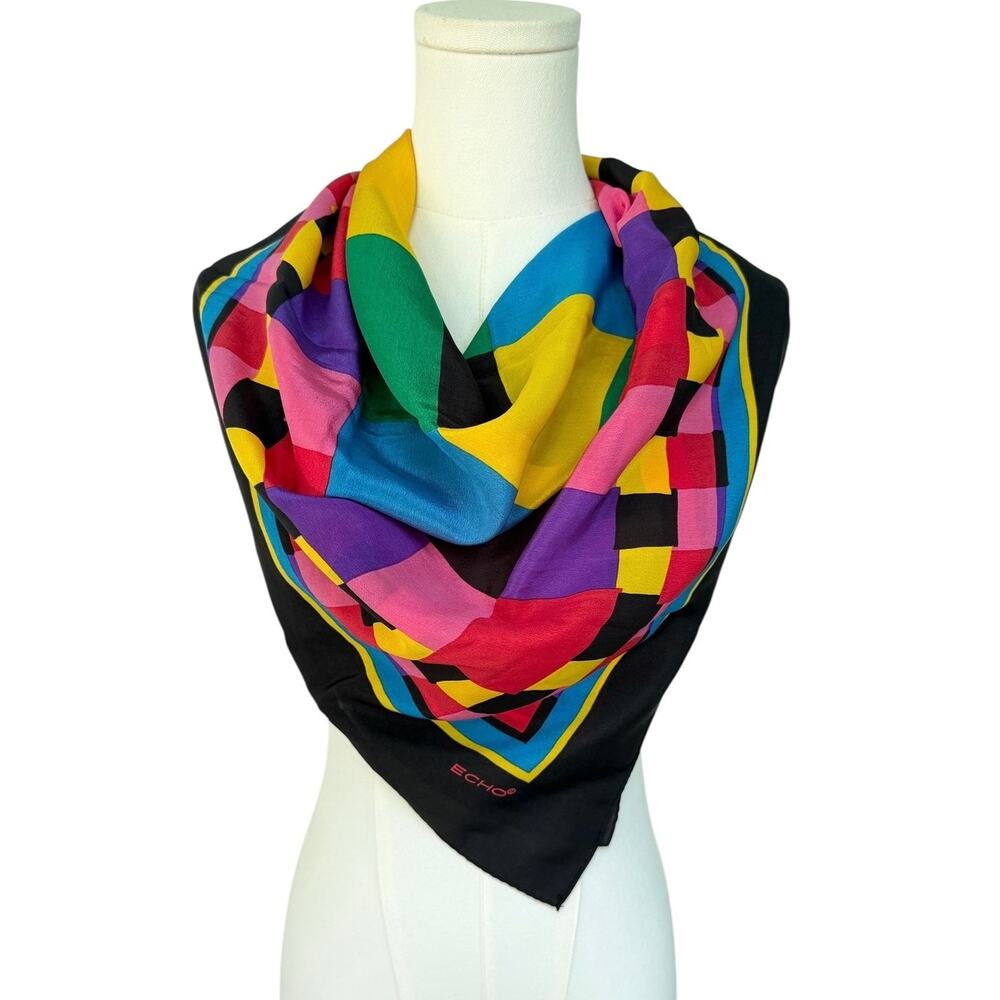 Echo Silk Abstract Geometric Colorblock Scarf Pop Art Mod Square Wrap Vintage